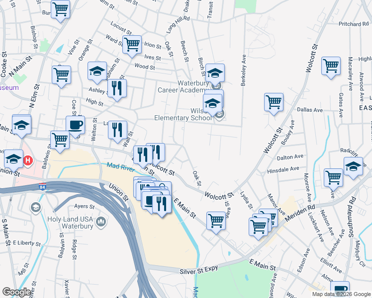 map of restaurants, bars, coffee shops, grocery stores, and more near 4 South Oak Street in Waterbury