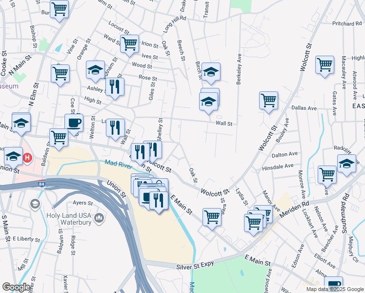 map of restaurants, bars, coffee shops, grocery stores, and more near 4 South Oak Street in Waterbury