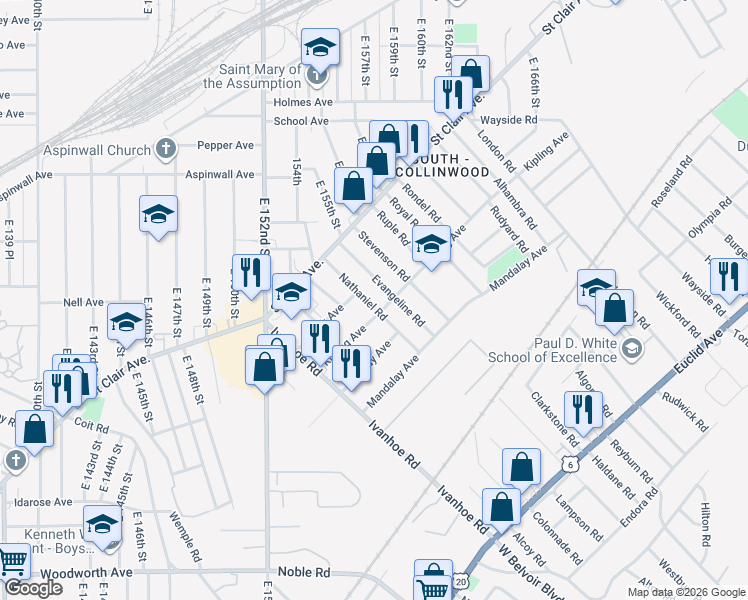 map of restaurants, bars, coffee shops, grocery stores, and more near 933 Nathaniel Road in Cleveland