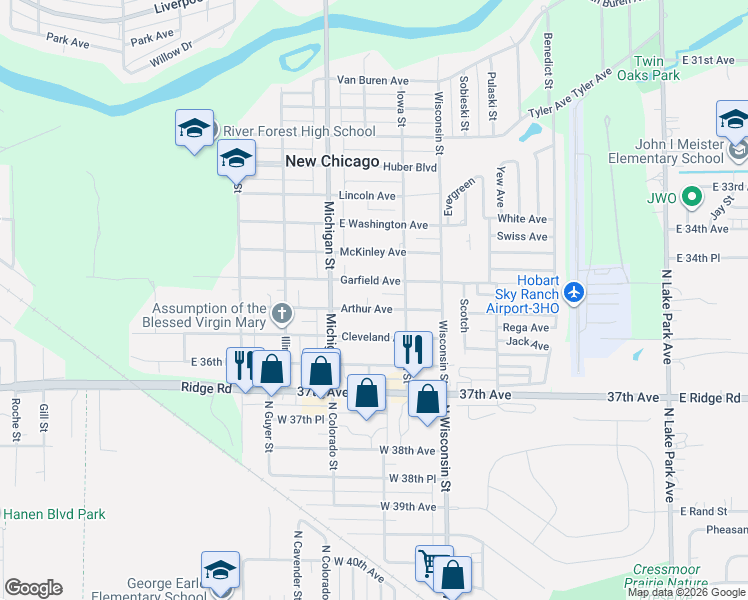 map of restaurants, bars, coffee shops, grocery stores, and more near 228 Garfield Avenue in New Chicago