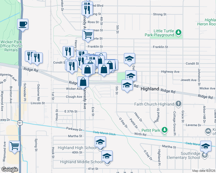 map of restaurants, bars, coffee shops, grocery stores, and more near 2934 Highway Avenue in Highland