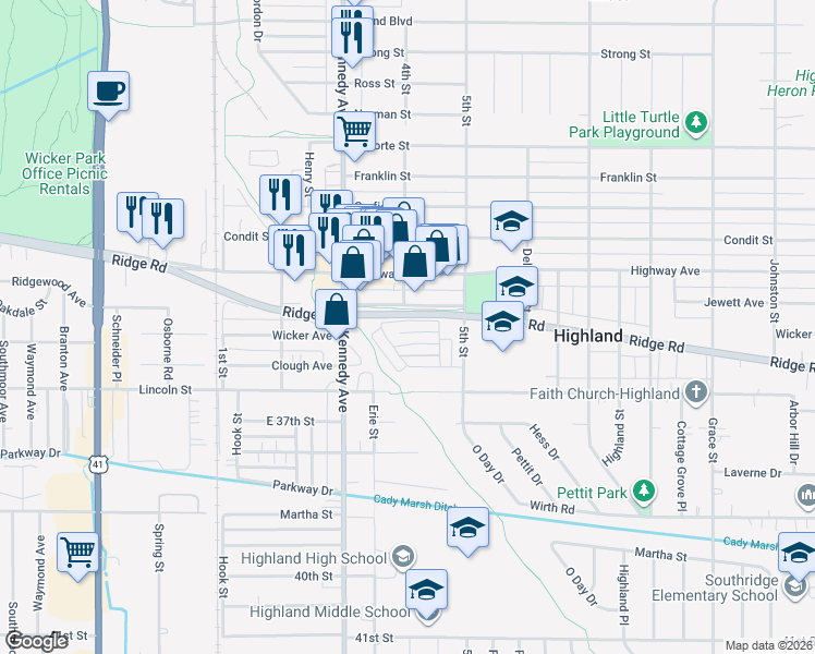 map of restaurants, bars, coffee shops, grocery stores, and more near 2905 Jewett Avenue in Highland