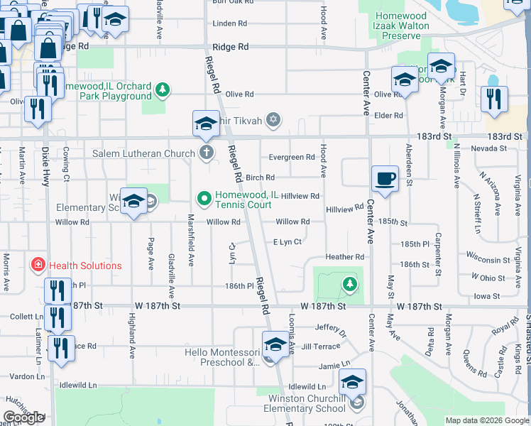 map of restaurants, bars, coffee shops, grocery stores, and more near 1450 Hillview Road in Homewood