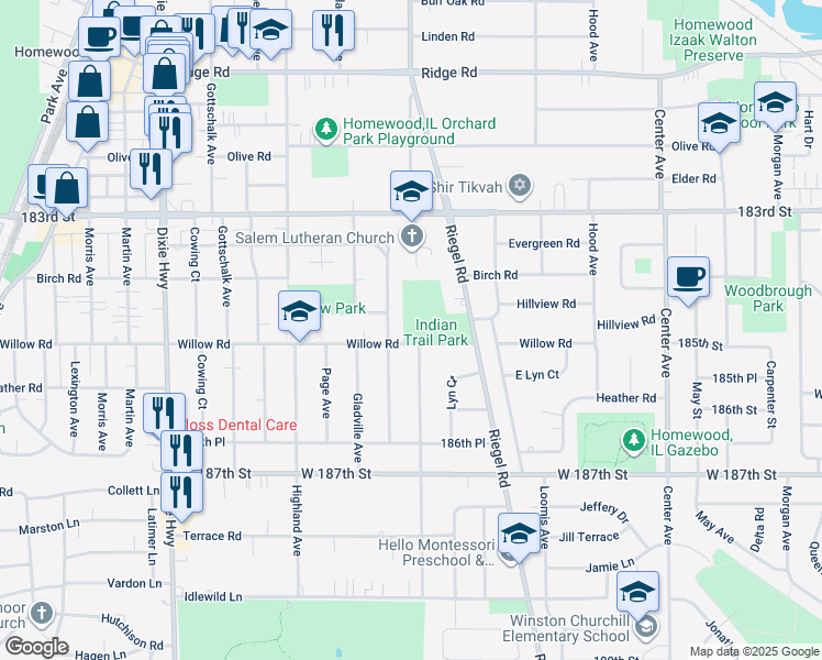 map of restaurants, bars, coffee shops, grocery stores, and more near 18440 Ashland Avenue in Homewood