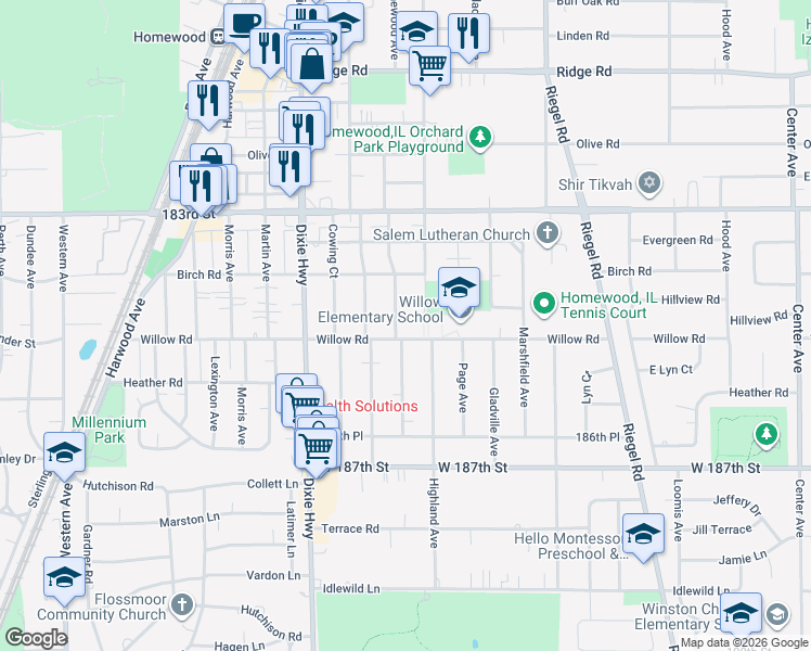 map of restaurants, bars, coffee shops, grocery stores, and more near 18435 Homewood Avenue in Homewood