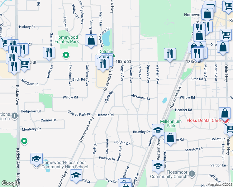 map of restaurants, bars, coffee shops, grocery stores, and more near 18426 Clyde Road in Homewood