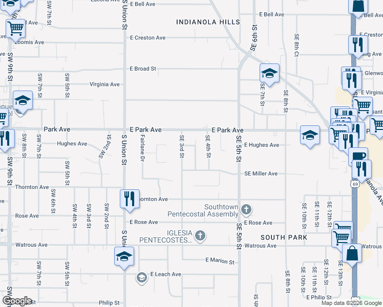 map of restaurants, bars, coffee shops, grocery stores, and more near 312 East Hughes Avenue in Des Moines