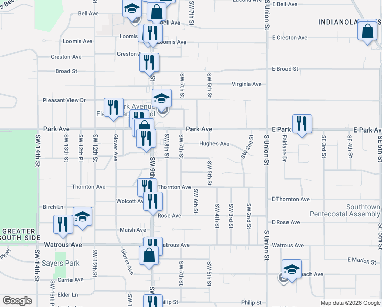 map of restaurants, bars, coffee shops, grocery stores, and more near 608 Hughes Avenue in Des Moines