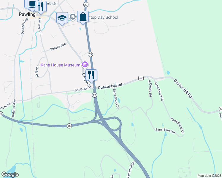 map of restaurants, bars, coffee shops, grocery stores, and more near 155 Sans Souci Drive in Pawling
