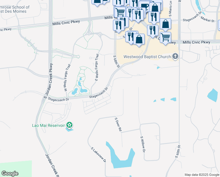 map of restaurants, bars, coffee shops, grocery stores, and more near 100 East Wells Fargo Trail in West Des Moines