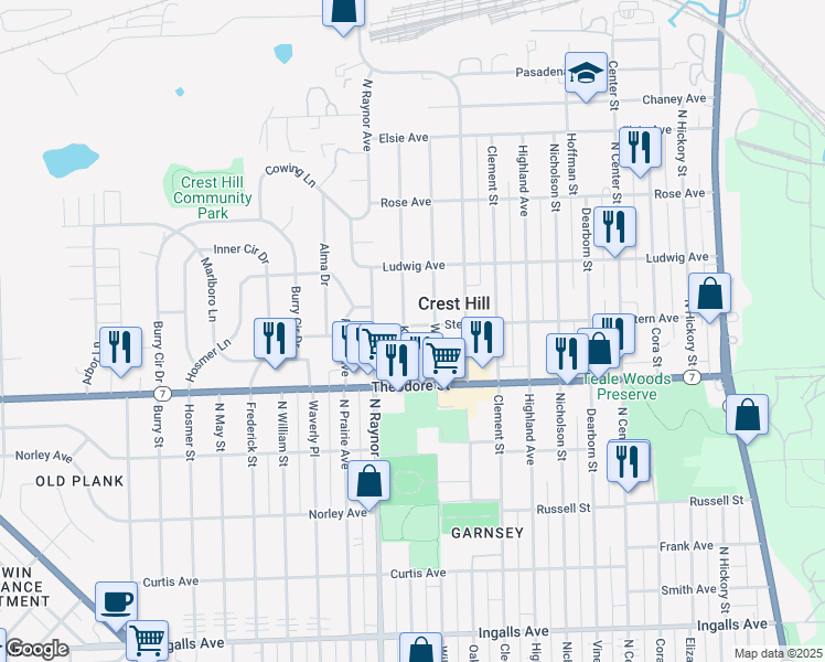 map of restaurants, bars, coffee shops, grocery stores, and more near 1705 Kelly Avenue in Crest Hill