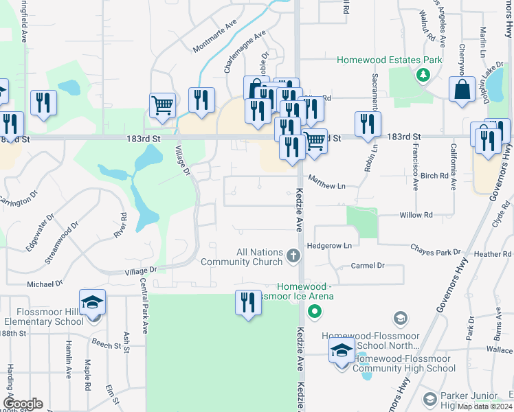 map of restaurants, bars, coffee shops, grocery stores, and more near 3300 Kimball Avenue in Homewood