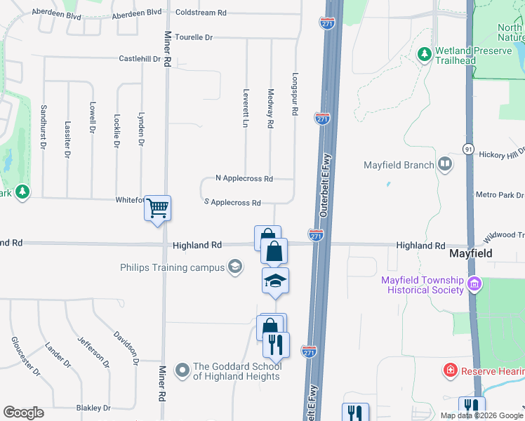 map of restaurants, bars, coffee shops, grocery stores, and more near 6293 South Applecross Road in Highland Heights