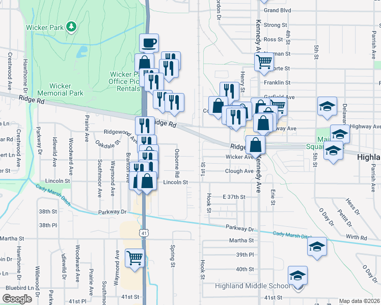 map of restaurants, bars, coffee shops, grocery stores, and more near 8701 Osborne Road in Highland