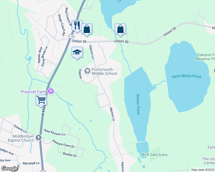 map of restaurants, bars, coffee shops, grocery stores, and more near 5 Sisson Pond Road in Portsmouth