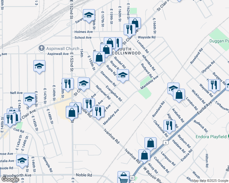 map of restaurants, bars, coffee shops, grocery stores, and more near 945 Evangeline Road in Cleveland