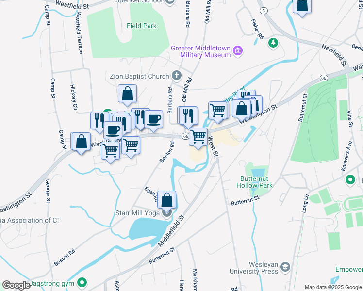 map of restaurants, bars, coffee shops, grocery stores, and more near 733 Washington Street in Middletown