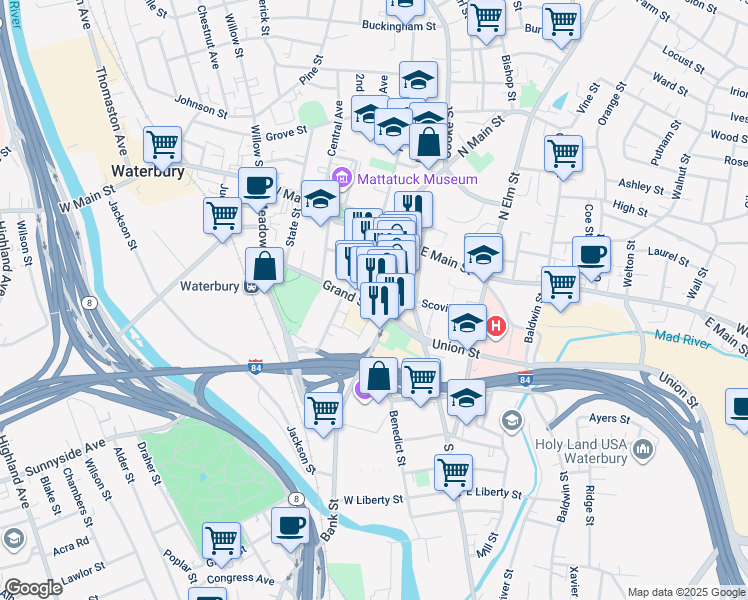 map of restaurants, bars, coffee shops, grocery stores, and more near 61 Leavenworth Street in Waterbury