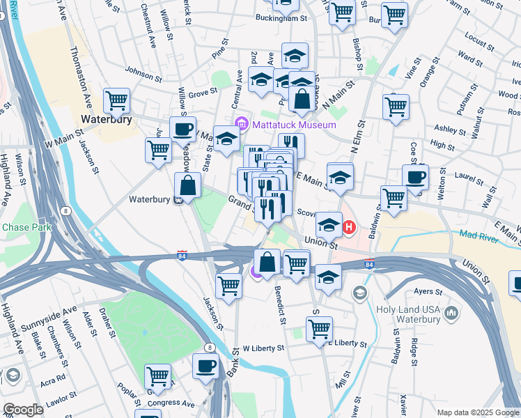 map of restaurants, bars, coffee shops, grocery stores, and more near 61 Leavenworth Street in Waterbury