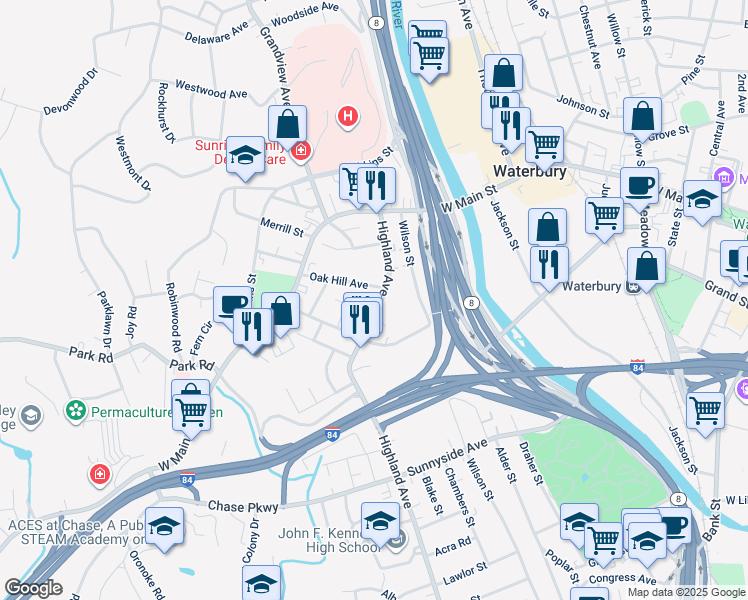 map of restaurants, bars, coffee shops, grocery stores, and more near 85 Highland Avenue in Waterbury