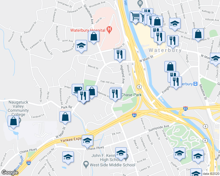 map of restaurants, bars, coffee shops, grocery stores, and more near 26 Oak Hill Avenue in Waterbury