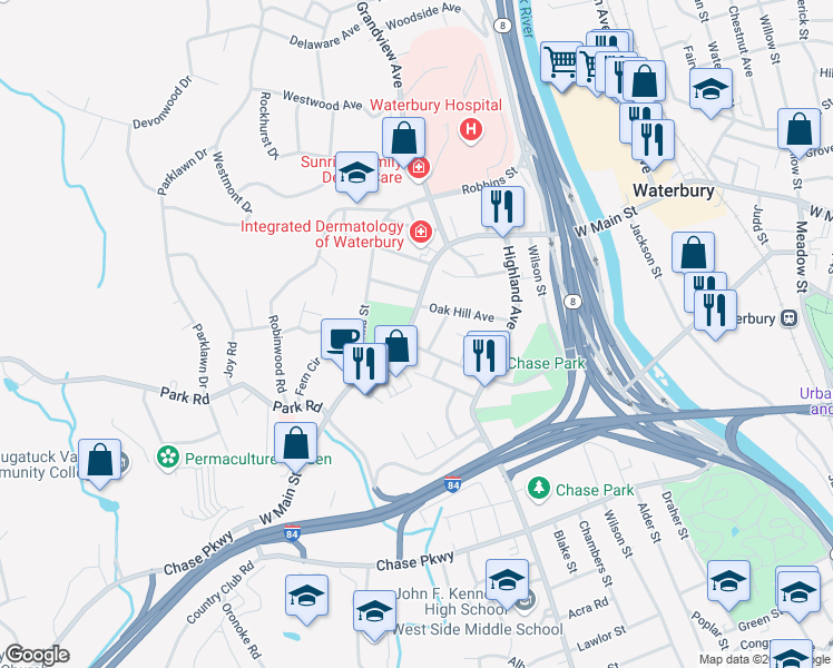 map of restaurants, bars, coffee shops, grocery stores, and more near 1157 West Main Street in Waterbury