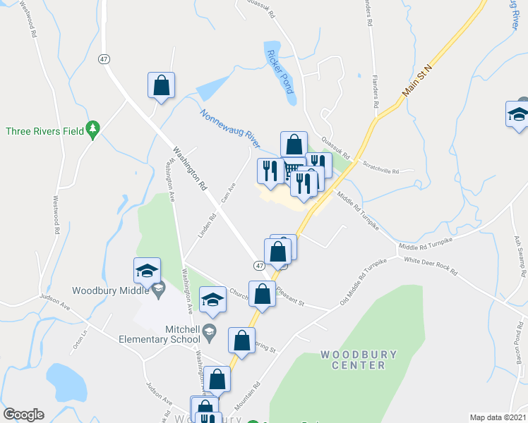 map of restaurants, bars, coffee shops, grocery stores, and more near 125 Main Street North in Woodbury