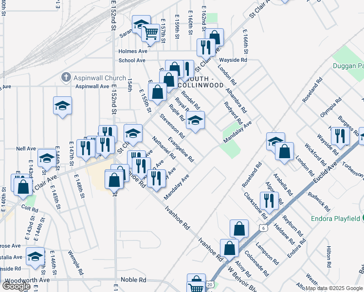 map of restaurants, bars, coffee shops, grocery stores, and more near 945 Evangeline Road in Cleveland