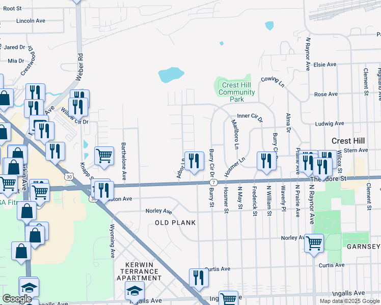 map of restaurants, bars, coffee shops, grocery stores, and more near 1710 Arbor Ln in Crest Hill