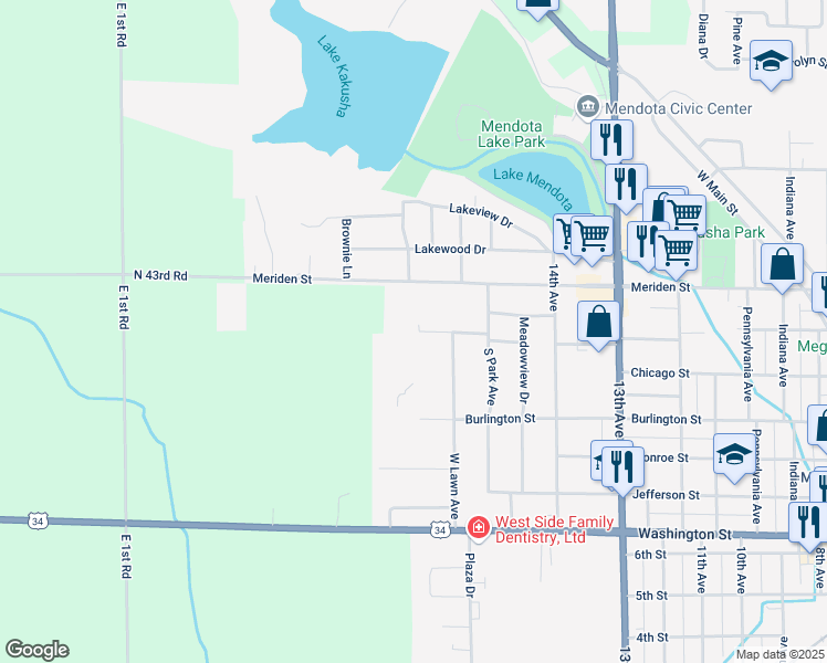 map of restaurants, bars, coffee shops, grocery stores, and more near 1509 Meriden Street in Mendota