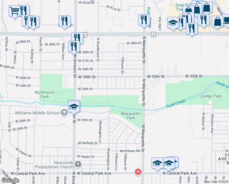 map of restaurants, bars, coffee shops, grocery stores, and more near 1420-1428 West 34th Street in Davenport