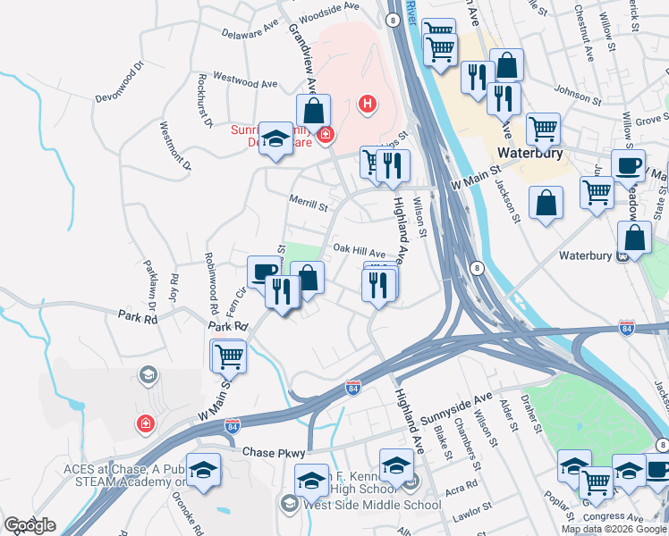 map of restaurants, bars, coffee shops, grocery stores, and more near 40 Lake Street in Waterbury