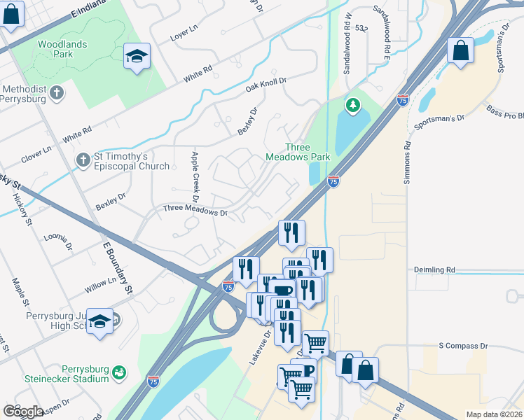 map of restaurants, bars, coffee shops, grocery stores, and more near Manor Drive in Perrysburg