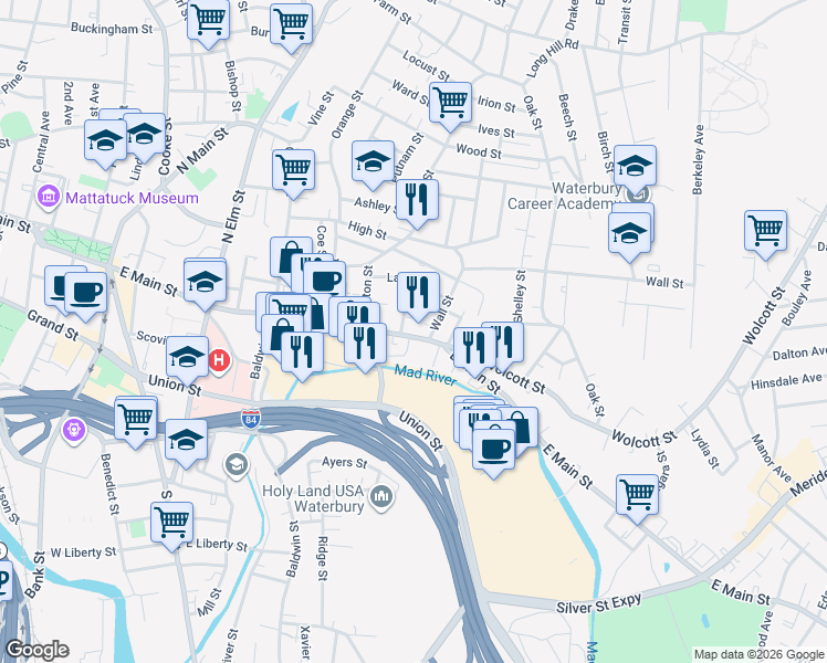 map of restaurants, bars, coffee shops, grocery stores, and more near 26 William Street in Waterbury