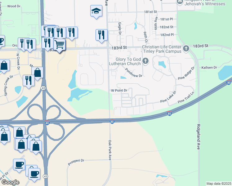 map of restaurants, bars, coffee shops, grocery stores, and more near 18568 West Point Drive in Tinley Park