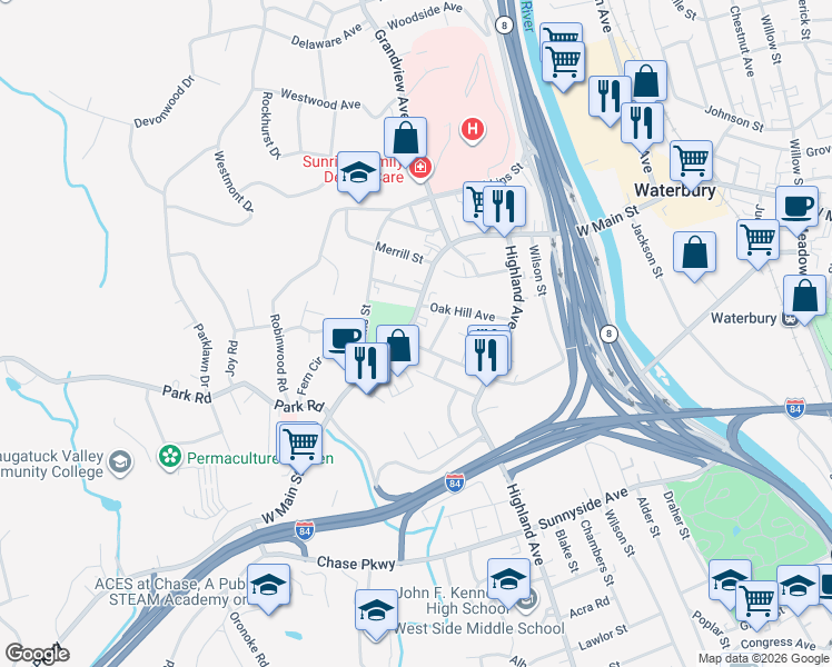 map of restaurants, bars, coffee shops, grocery stores, and more near 1157 West Main Street in Waterbury