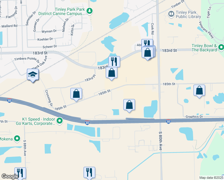 map of restaurants, bars, coffee shops, grocery stores, and more near 18501 Northstar Court in Tinley Park