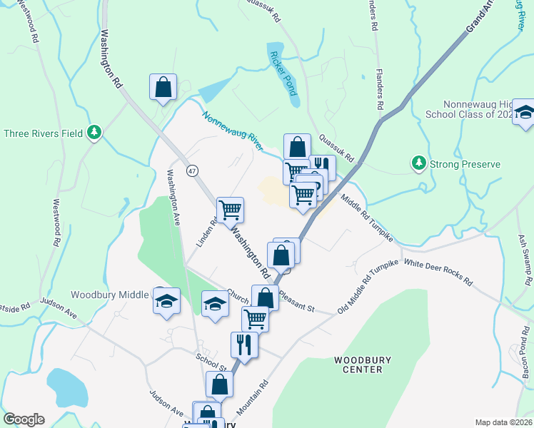map of restaurants, bars, coffee shops, grocery stores, and more near 69 Main Street North in Woodbury