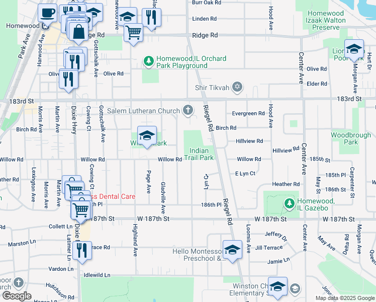 map of restaurants, bars, coffee shops, grocery stores, and more near 18440 Ashland Avenue in Homewood