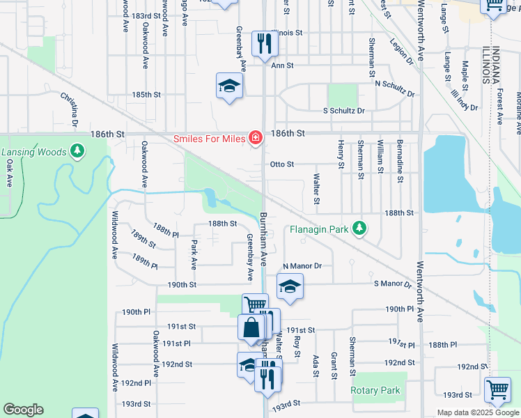map of restaurants, bars, coffee shops, grocery stores, and more near 18800 Burnham Avenue in Lansing