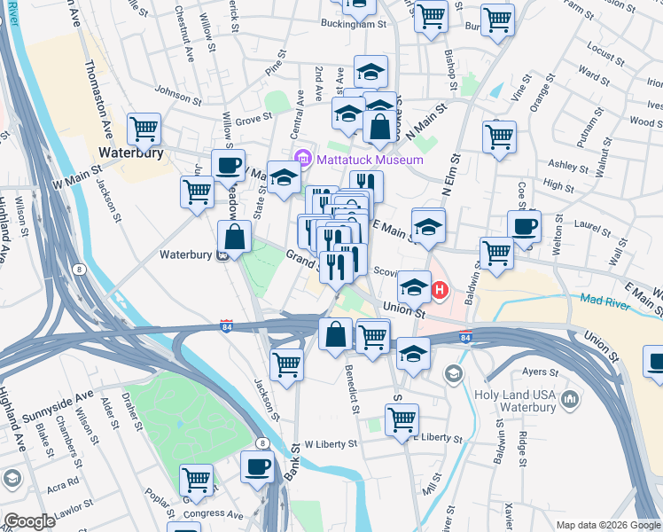 map of restaurants, bars, coffee shops, grocery stores, and more near 61 Leavenworth Street in Waterbury