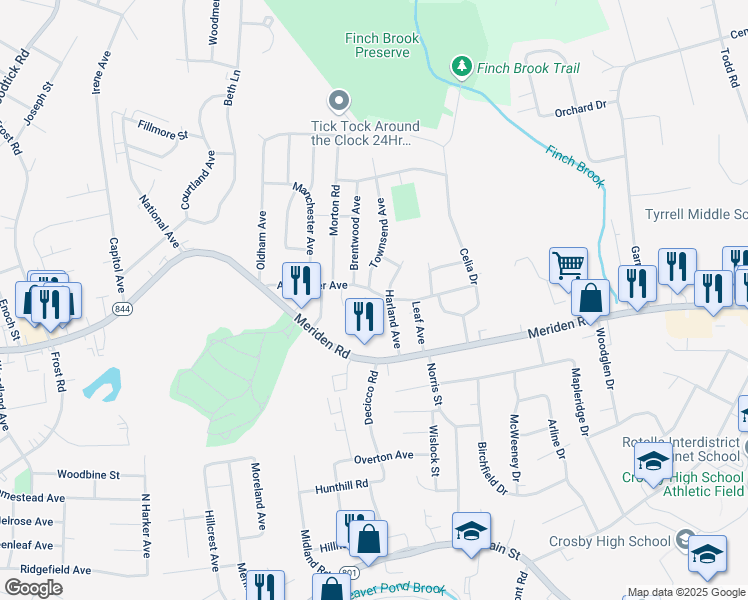 map of restaurants, bars, coffee shops, grocery stores, and more near 142 Alexander Avenue in Waterbury
