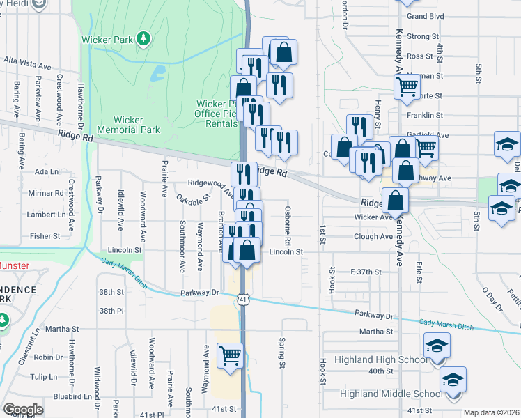 map of restaurants, bars, coffee shops, grocery stores, and more near 2425 Ridgewood Street in Highland