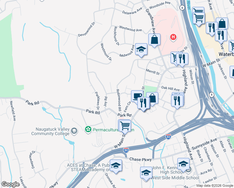 map of restaurants, bars, coffee shops, grocery stores, and more near 134 Robinwood Road in Waterbury
