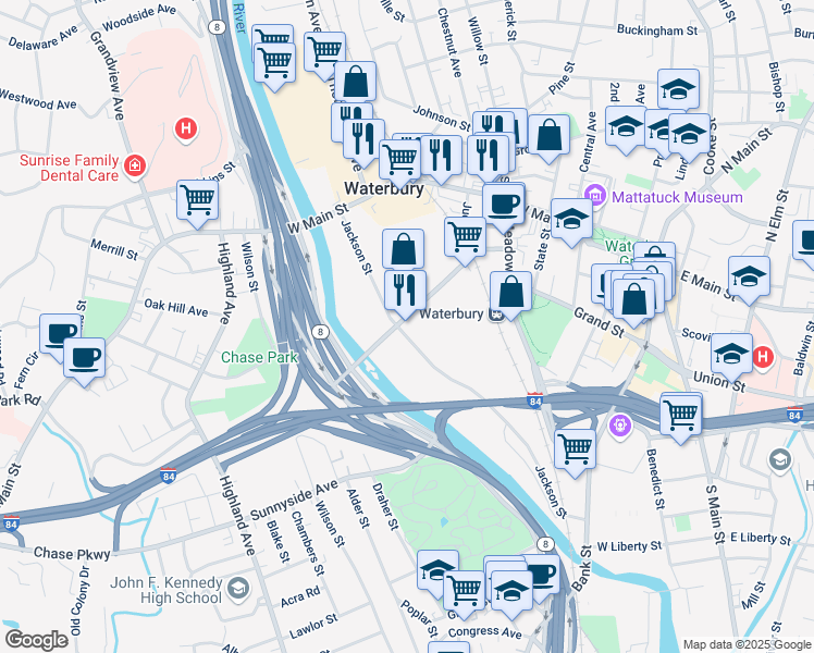 map of restaurants, bars, coffee shops, grocery stores, and more near 185 Freight Street in Waterbury