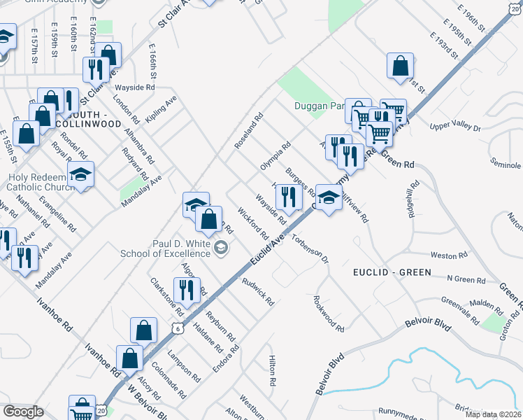 map of restaurants, bars, coffee shops, grocery stores, and more near 1745 Wayside Road in Cleveland