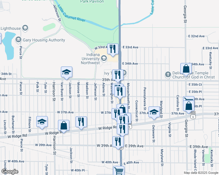 map of restaurants, bars, coffee shops, grocery stores, and more near 2135 West 35th Avenue in Gary