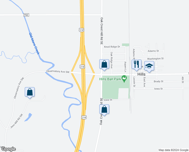 map of restaurants, bars, coffee shops, grocery stores, and more near 5201 Oakcrest Hill Road Southeast in Riverside