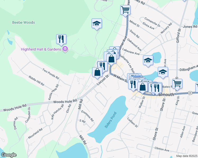 map of restaurants, bars, coffee shops, grocery stores, and more near 29 Locust Street in Falmouth