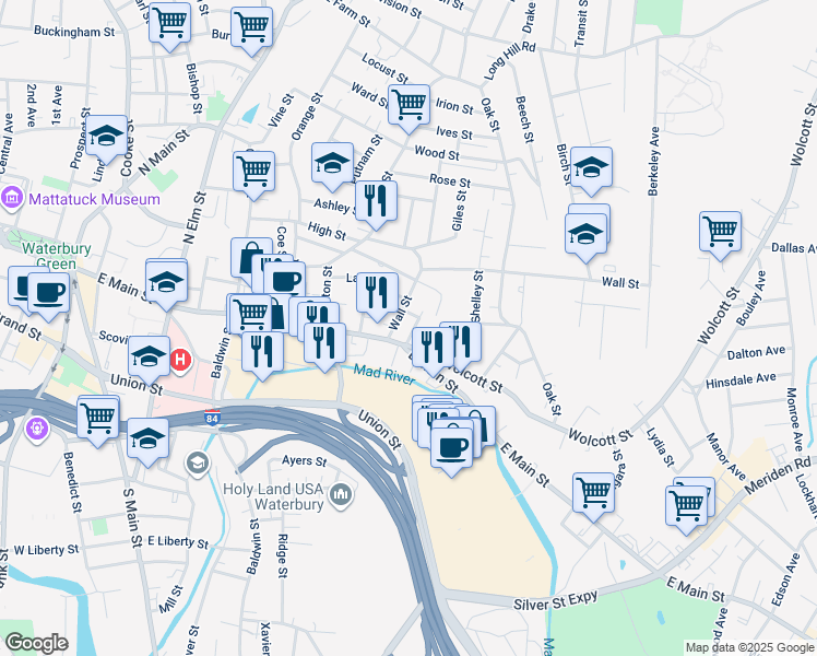 map of restaurants, bars, coffee shops, grocery stores, and more near 15 Taylor Street in Waterbury
